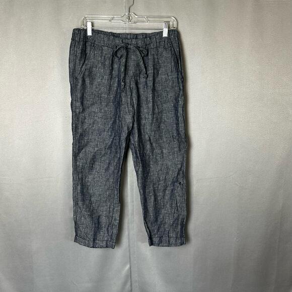 Women's Allen Allen Navy Blue 100% Linen Cuffed Ankle Crop Drawstring Pants- S - Picture 1 of 8